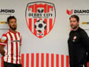 Derry City manager Ruaidhri Higgins welcomes new signing Bastien Hery to the club. Picture by George Sweeney