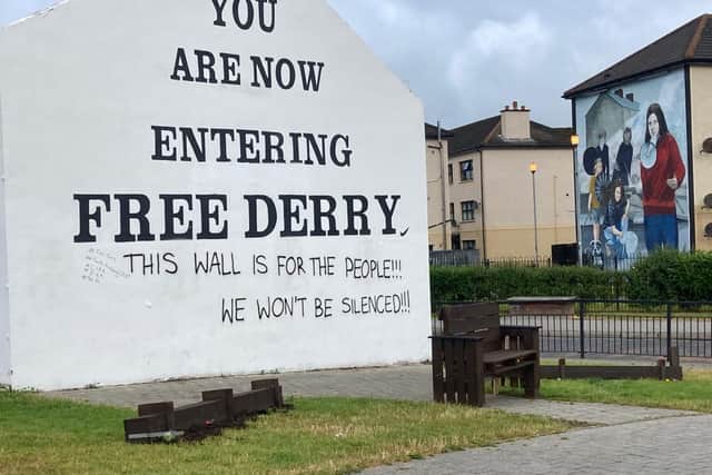 The vandalised installation at Free Derry corner.