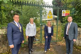 Mayor Alderman Graham Warke, Alderman Hilary McClintock, Education Minister Michelle McIlveen and Gary Middleton MLA at the former Faughan Valley High School site.