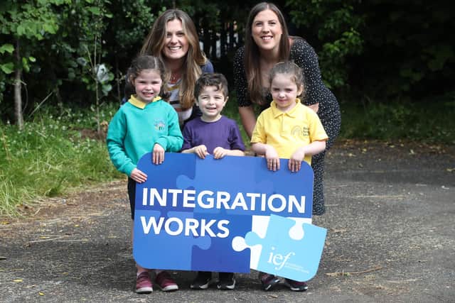 Jill Caskey, Parental Engagement Campaign Manager, right, with Annie, Lorenzo and Isla from Brefne Nursery, and principal Victoria McGimpsey.
