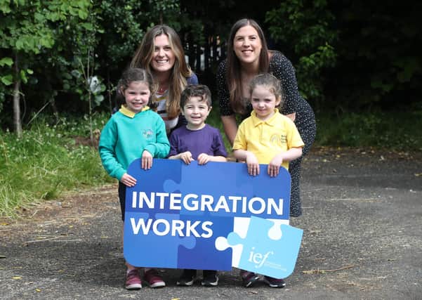 Jill Caskey, Parental Engagement Campaign Manager, right, with Annie, Lorenzo and Isla from Brefne Nursery, and principal Victoria McGimpsey.