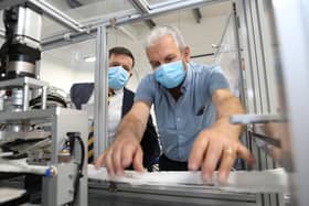 Harry McCrory (Engineering Manager at Northwest Medical) with Health Minister Robin Swann at the firm’s manufacturing HQ in Campsie.