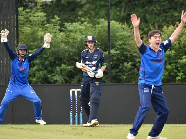 St Johnston's Scott Macbeth is caught by Killyclooney's Kenzie Hall, during Friday night's Sperrin Springs T20 Cup Final. Picture by Lawrence Moore
