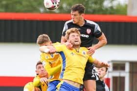 Derry City captain Eoin Toal rises high to head this one during Saturday night's win at Longford Town. Picture by Kevin Moore/MCI