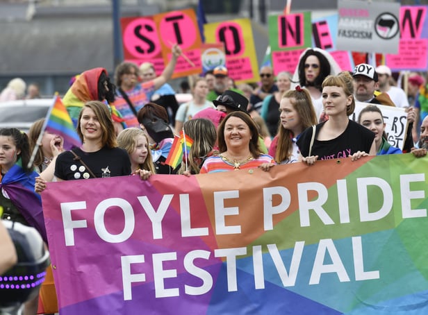 The Mayor, Councillor Michaela Boyle, leading the Foyle Pride parade in 2019. DER3519-115KM
