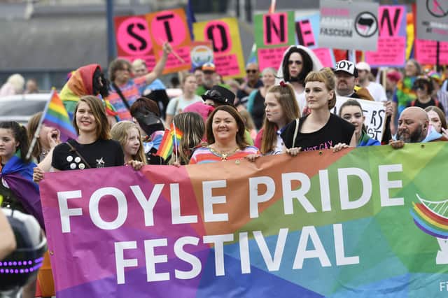 The Mayor, Councillor Michaela Boyle, leading the Foyle Pride parade in 2019. DER3519-115KM
