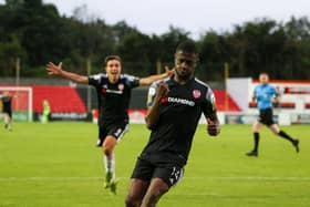 Junior Ogedi-Uzokwe celebrates scoring Derry City's insurance goal against Longford Town at the weekend. Photograph by Kevin Moore.