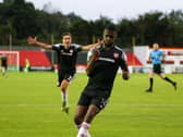 Junior Ogedi-Uzokwe celebrates scoring Derry City's insurance goal against Longford Town at the weekend. Photograph by Kevin Moore.