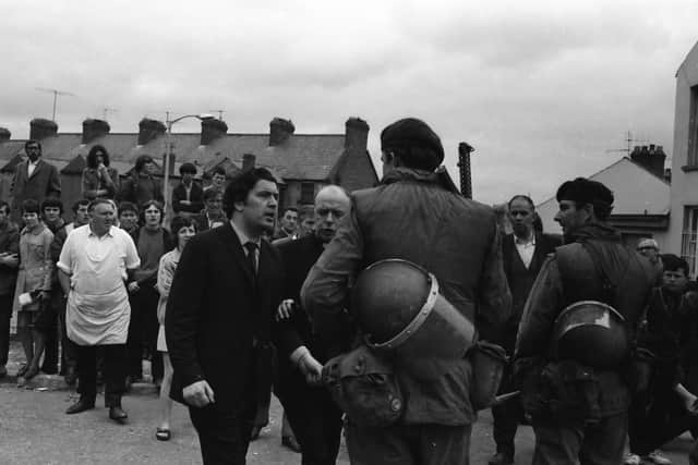 John Hume remonstrates with a British soldier at the top of Westland St.