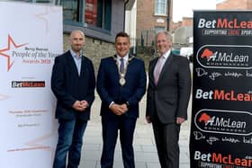Pictured at the launch of the Derry Journal – BetMcLean People of the Year Awards 2021 in Guildhall Square on Wednesday afternoon last are, Brendan McDaid, Editor, Derry Journal, the Mayor of Derry and Strabane Alderman Graham Warke and Paul McLean, managing director BetMcLean, principal sponsor. DER2124GS - 025