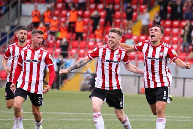 Jamie McGonigle celebrates putting Derry City ahead in the first half against Drogheda United. Photograph by Kevin Moore.