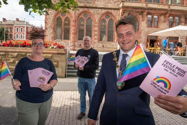 Alderman Graham Warke, Mayor of Derry City and Strabane District Council pictured with Kathleen Bradley, Festival Chair and Martin McConnellogue at the launch of the 28th Foyle Pride Festival which begins on the 23rd of August, continuing throughout the week t0 the 29th.