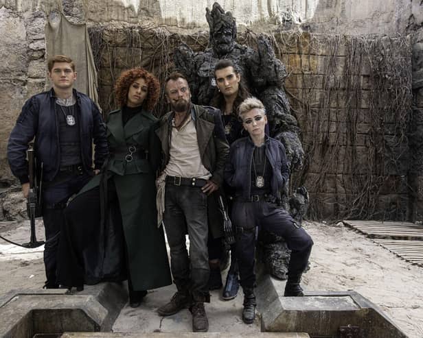 Constable Carrot, Lady Sybil Ramkin, Captain Sam Vimes, Sergeant Detritus, Constable Cheery and Corporal Angua