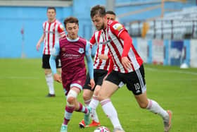 Will Patching in action against Drogheda United for Derry City when he scored twice from free kicks. Photograph by Kevin Moore.