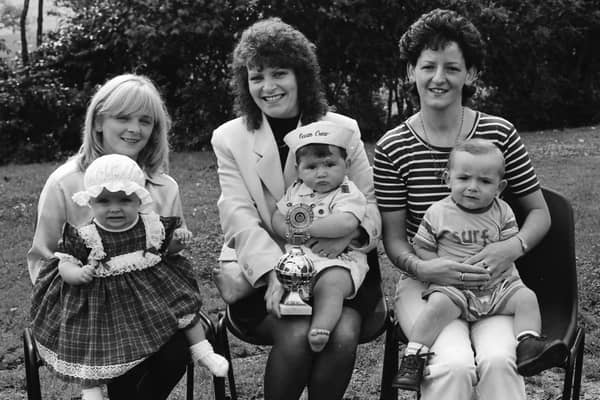 Prizewinners in the Bonny Baby U-12 months at the Ballymagroarty Festival. From left, are Sara O’Hagan (2nd) with her mother Annette, Shaun Cunningham (1st), with his mother Margaret and Daryl Nixon (3rd) with his mother Kathleen.