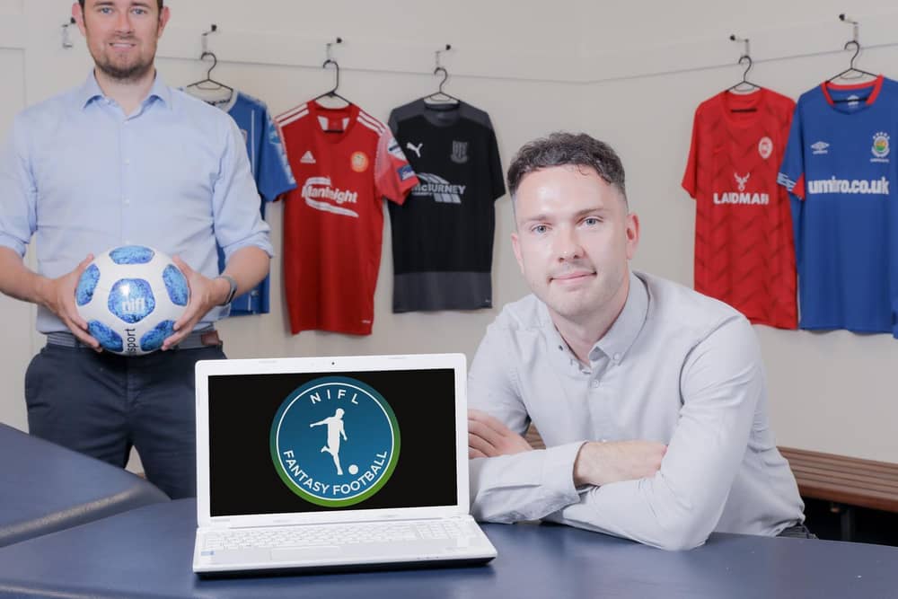 Neil Coleman, NIFL Marketing & Communications pictured with developer Nathan McConnell at the launch of the NIFL Fantasy Football game.