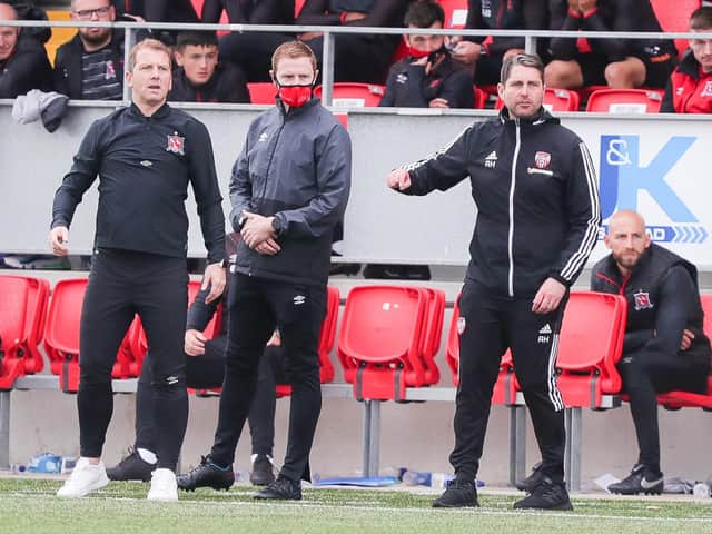 Dundalk manager Vinny Perth (left) and Derry City boss Ruaidhri Higgins didn't agree about the penalty awarded to the home side. Picture by Kevin Moore/MCI