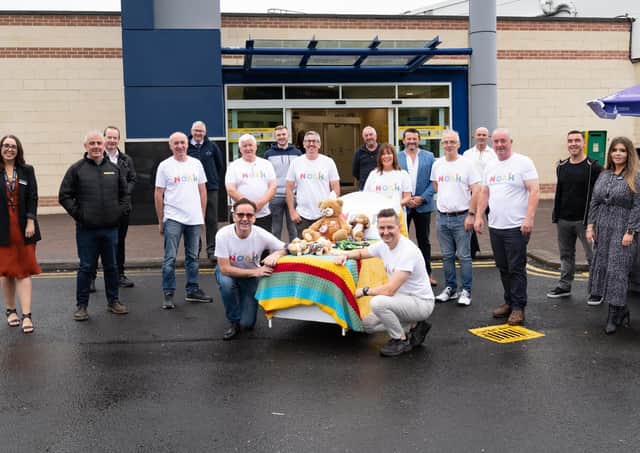Marathon Bed Push from Dublin to Donegal hits the road!!
.Supporters and sponsors at the Letterkenny Shopping Centre on Tuesday last are from left Michelle Ferry, Mc Elhinney's Ballybofey, John Watson, Watson Hire, Paddy Campbell, BizzPrint, Leslie O Donnell, Gordon Randles, Letterkenny Credit Union, Pious Mc Fadden, Lee Mc Fadden, Made to Measure Fireplaces, Denis Ferry, Manus Mc Fadden, Dermot Doherty, Restex Bedding, Robert O Connor, Ricky Boal, Pinehill Industrial Estate, Brian Mc Cracken, Letterkenny Shopping Centre, Damien Doherty, 3D Personnel, Gemma Porter, Mary Duffy, Shaun Doherty and Lee Gooch. Photo Clive Wasson
