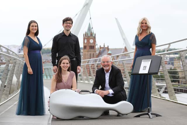 Pictured celebrating the launch are: members from award-winning Derry chamber choir Codetta, CoDICF Artistic Director, Dónal Doherty and cellist Kim Vaughan. For more information please visit www.derrychoirfest.com ©Lorcan Doherty. ©Lorcan Doherty