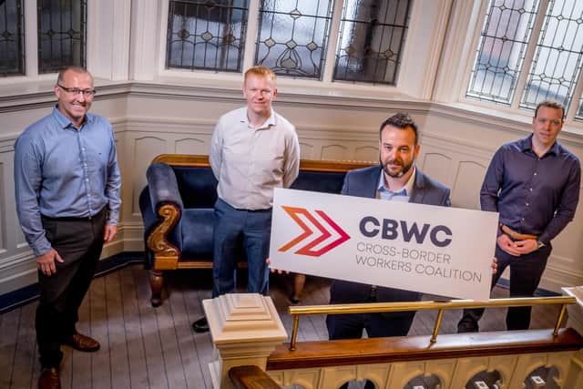 (L-R) Aidan O’Kane, Co-Chair of the Cross Border Workers Coalition; Paul Quinn, Co-Chair of the Cross Border Workers Coalition; Colum Eastwood MP, MP for Foyle and Leader of the SDLP; Conor Dowds, Co-Chair of the Cross Border Workers Coalition
