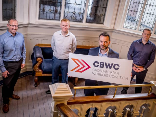 (L-R) Aidan O’Kane, Co-Chair of the Cross Border Workers Coalition; Paul Quinn, Co-Chair of the Cross Border Workers Coalition; Colum Eastwood MP, MP for Foyle and Leader of the SDLP; Conor Dowds, Co-Chair of the Cross Border Workers Coalition