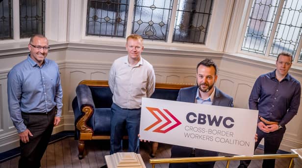 (L-R) Aidan O’Kane, Co-Chair of the Cross Border Workers Coalition; Paul Quinn, Co-Chair of the Cross Border Workers Coalition; Colum Eastwood MP, MP for Foyle and Leader of the SDLP; Conor Dowds, Co-Chair of the Cross Border Workers Coalition