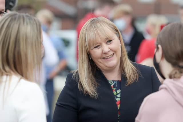 Education Minister Michelle McIlveen pictured recently with students receiving their A-Level results.  Picture: Philip Magowan / Press Eye