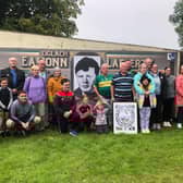 Members of Eamonn Lafferty’s family at the mural in his memory at Kildrum Gardens.