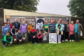 Members of Eamonn Lafferty’s family at the mural in his memory at Kildrum Gardens.