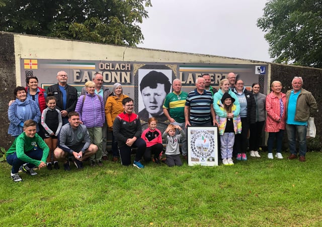 Members of Eamonn Lafferty’s family at the mural in his memory at Kildrum Gardens.