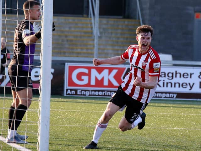 Derry City's Cameron McJannet celebrates scoring against Waterford. Picture by Kevin Moore/MCI