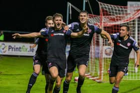 Derry City's Ronan Boyce races away with team-mates Will Fitzgerald, Eoin Toal and Joe Thomson celebrating his late winner. Picture by Kevin Moore/MCI