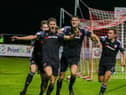 Derry City's Ronan Boyce races away with team-mates Will Fitzgerald, Eoin Toal and Joe Thomson celebrating his late winner. Picture by Kevin Moore/MCI