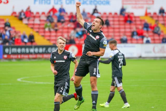 Derry City's Joe Thomson celebrates after scoring at the Sligo Showgrounds. Picture by Kevin Moore/MCI