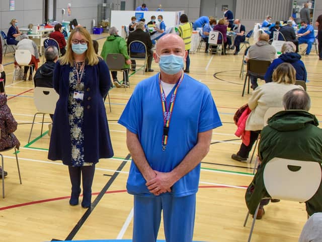 Western Trust staff and people awaiting vaccination at  a previous clinic at Foyle Arena earlier this year. Picture Martin McKeown. 28.01.21
