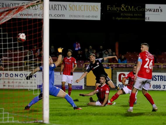 Derry City's Ronan Boyce fires home their winner past Sligo Rovers goalkeeper Ed McGinty. Picture by Kevin Moore/MCI