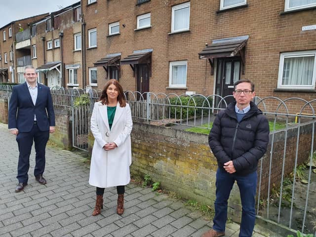 Sinéad McLaughlin MLA with Councillors Martin Reilly and Sean Mooney.