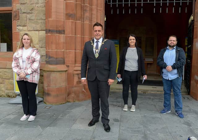 Speakers at the Detox Protest Rally held in Guildhall Square on Saturday afternoon last, Tamzin White, organiser, Mayor Alderman Graham Warke, Colr, Emma McGinley and Colr. Emmet Doyle. Photo: George Sweeney. DER2133GS – 037