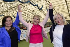 Martina Anderson pictured with Michelle O'Neill Sinn Féin vice president and Sinn Féin President Mary Lou McDonald at the European election count in 2019.