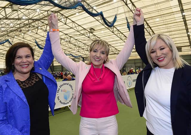 Martina Anderson pictured with Michelle O'Neill Sinn Féin vice president and Sinn Féin President Mary Lou McDonald at the European election count in 2019.