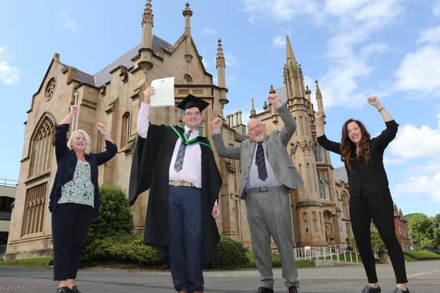 . Eoin celebrates his degree with Amanda Moore, Mencap NI Employment Officer (left), his dad Pat Kenny and Dr Victoria McCollum (right), Lecturer in Cinematic Arts, Ulster University.