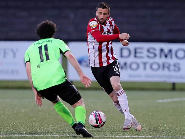 Danny Lafferty skips away from Finn Harps' Barry McNamee during their encounter at the Brandywell earlier in the season. Picture by Kevin Moore/MCI