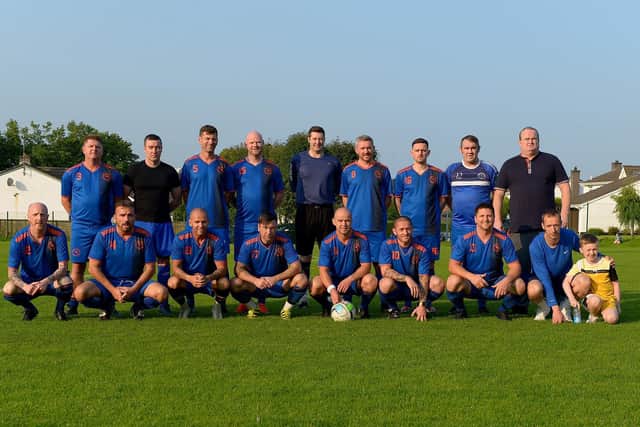 The Telstar squad which defeated Foyle Harps 2-1 in the D&D Over 40s Centenary Cup final at Magee Pitches on Friday evening last. Photo: George Sweeney. DER2134GS – 038