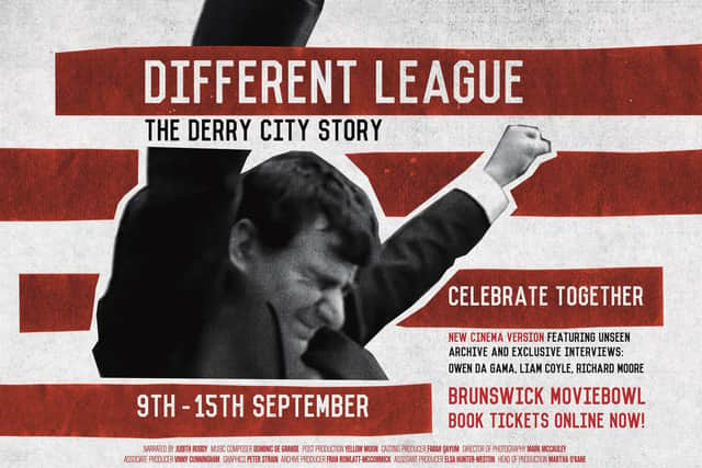 Jim McLaughlin celebrates Derry City's treble winning success.