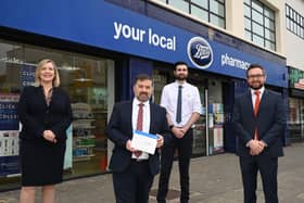 Pictured launching the Pharmacy Collect service for rapid COVID-19 tests are (L-R) Chief Pharmaceutical Officer, Cathy Harrison; Health Minister Robin Swann; Pharmacist Ryan McCullough, and Vice-Chair of Community Pharmacy NI, Peter Rice. Picture: Michael Cooper