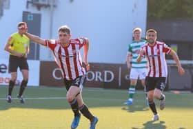 Ronan Boyce celebrates his goal against Shamrock Rovers at Brandywell earlier this season. Photograph by Kevin Moore.