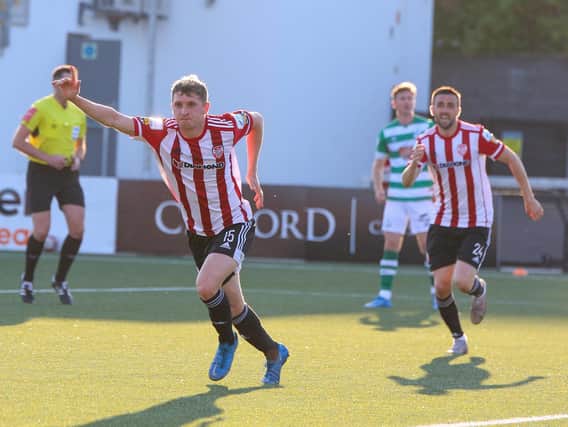 Ronan Boyce celebrates his goal against Shamrock Rovers at Brandywell earlier this season. Photograph by Kevin Moore.
