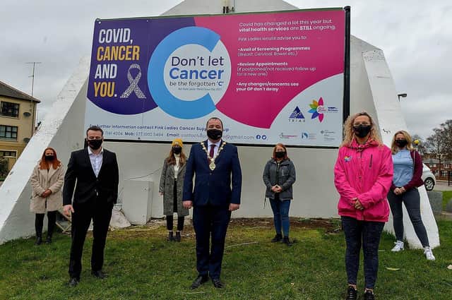 The launch of the Covid, Cancer and You campaign at Free Derry wall in March, this year. DER2110GS – 014