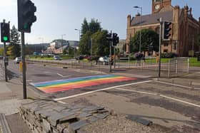 The new rainbow crossing along the quay in Derry's city centre.