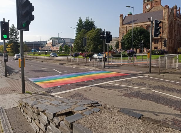 The new rainbow crossing along the quay in Derry's city centre.
